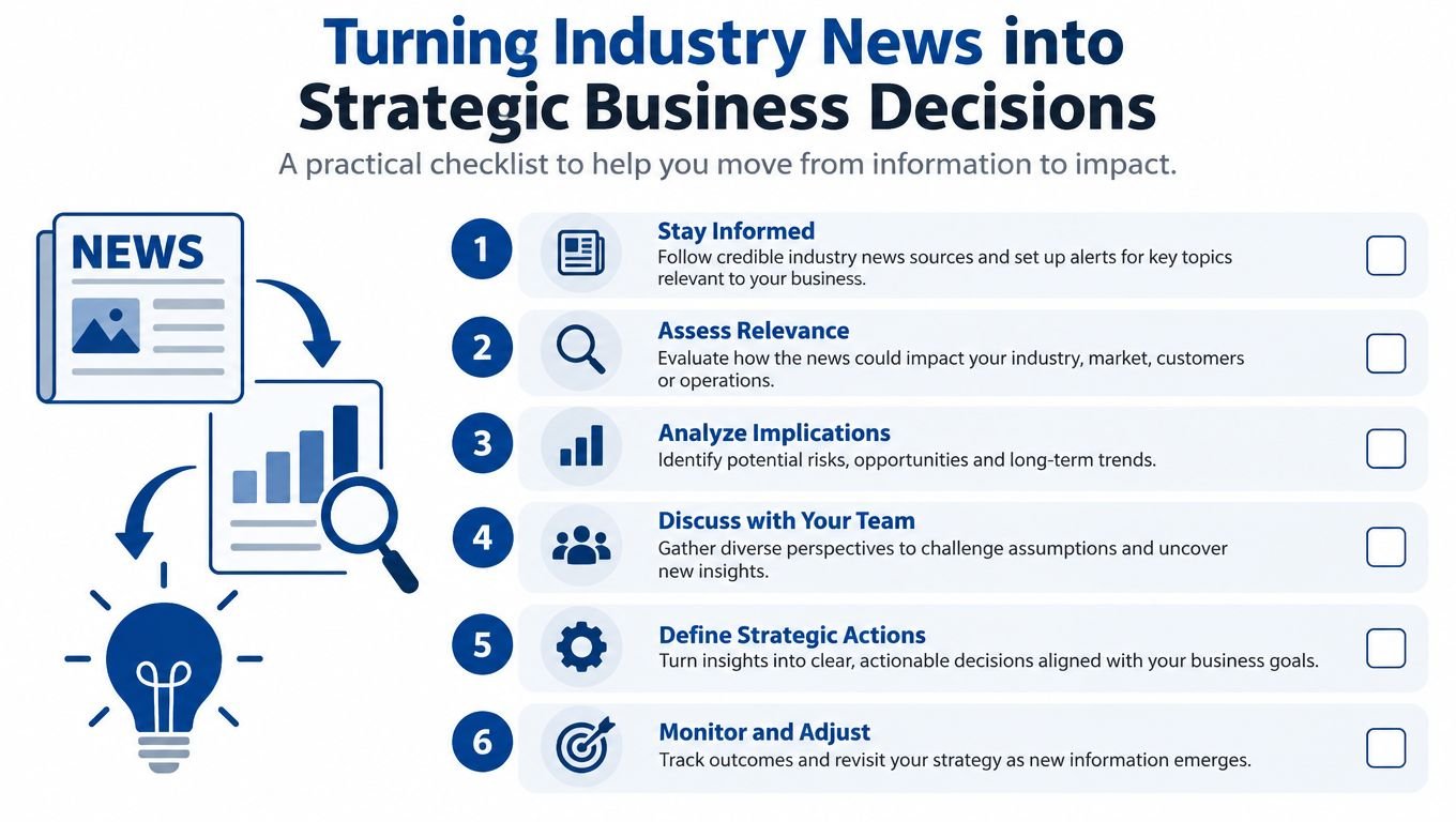 A six-step checklist titled Turning Industry News into Strategic Business Decisions for effective business analysis.