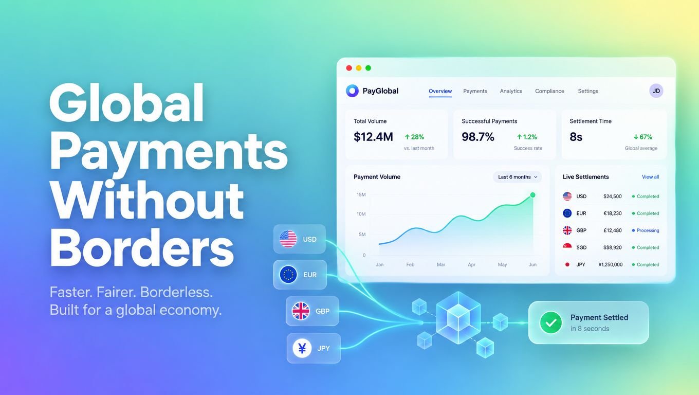 A digital dashboard showing global payment analytics for the PayGlobal platform with real-time settlement tracking features.