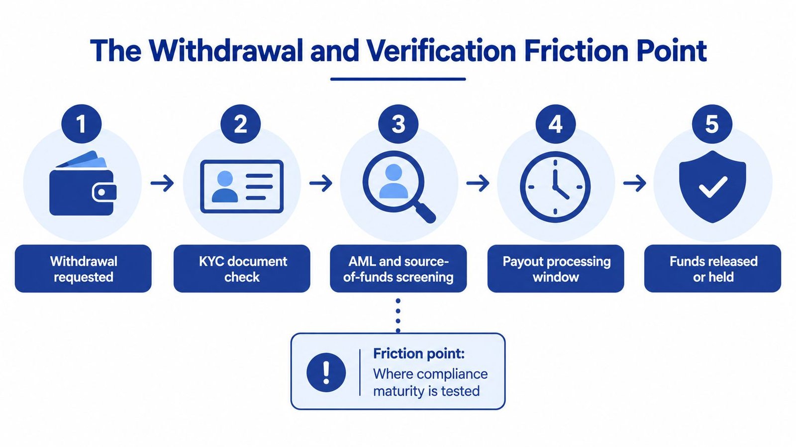 A diagram illustrating the five-step withdrawal process in online casinos, highlighting the compliance friction point.