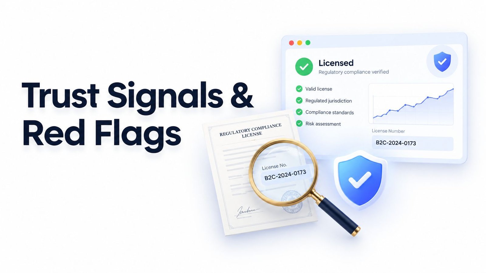 A digital graphic showcasing regulatory compliance trust signals for businesses with a license document and magnifying glass.