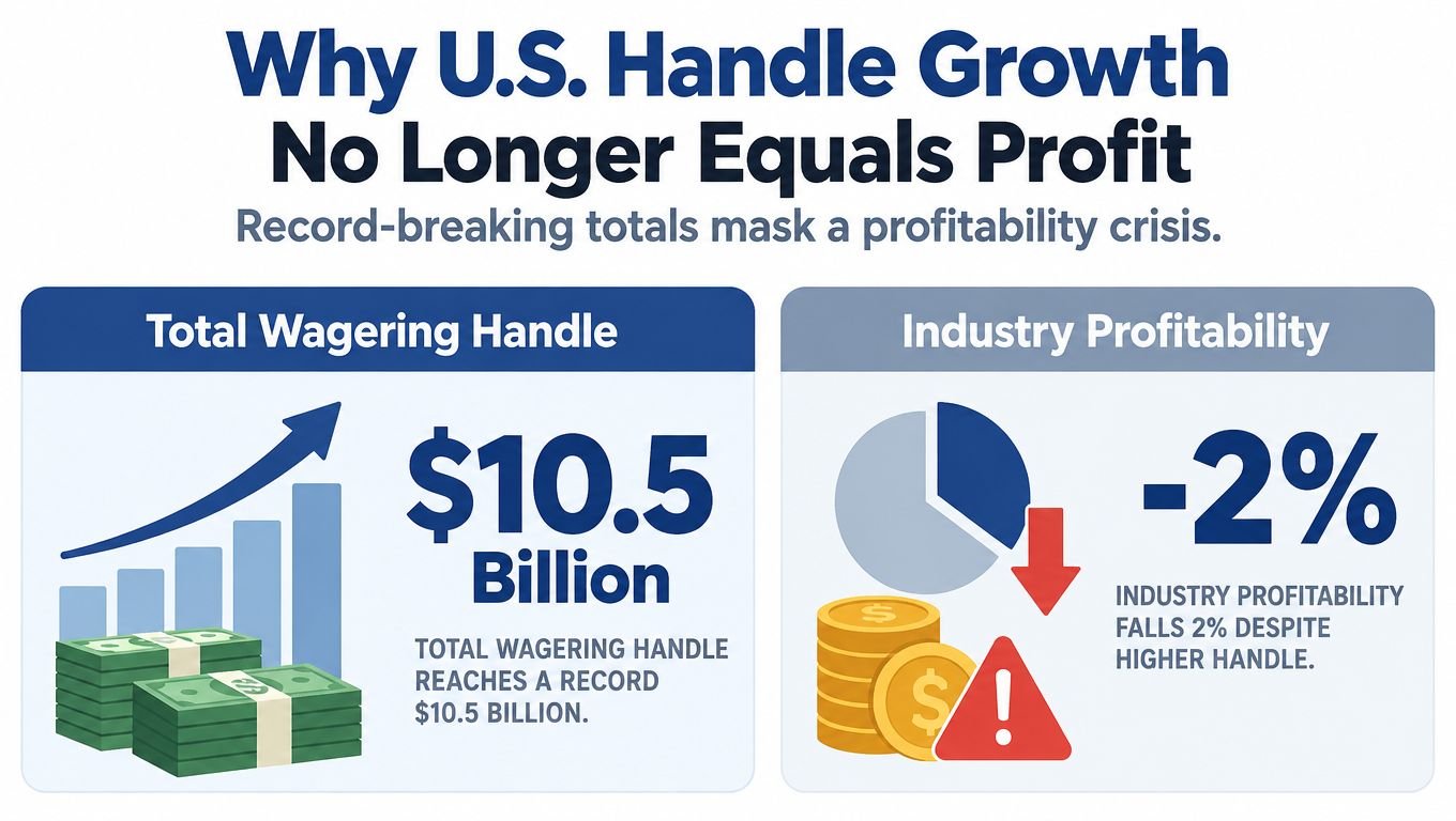 An infographic showing that US wagering handle reached a record 10.5 billion while industry profitability fell 2 percent.