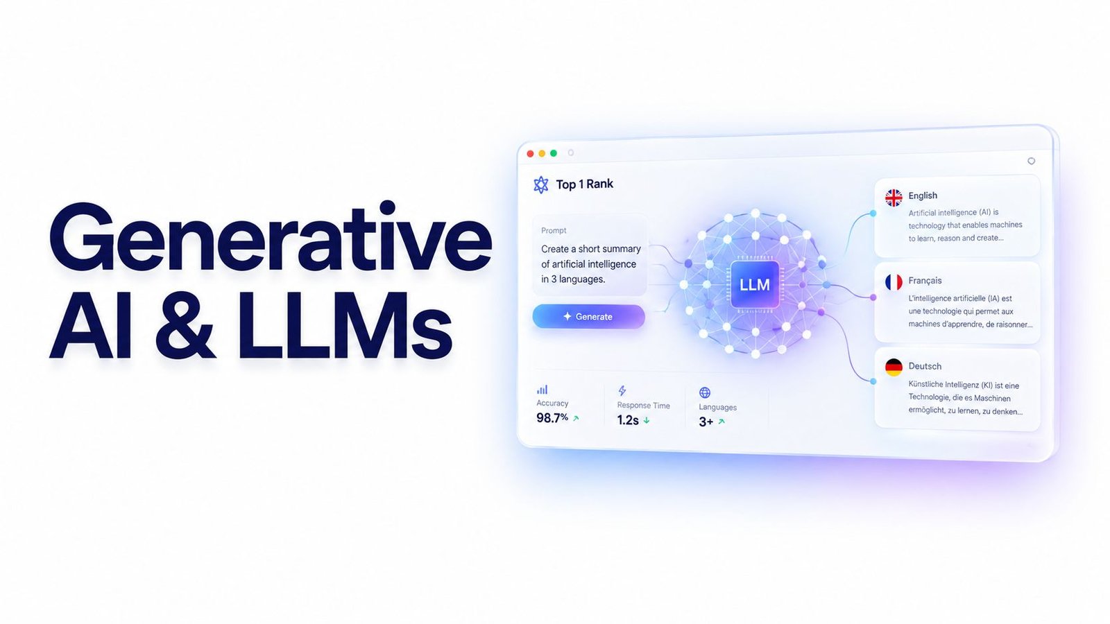 A digital interface showcasing a generative AI model summarizing information across three different languages.